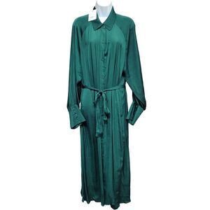 Gibson & Latimer Size XXL Satin Midi Belted Shirt Dress Emerald Green‎ 2X PLUS